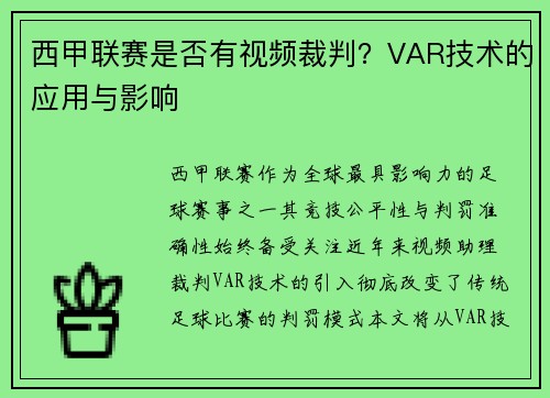 西甲联赛是否有视频裁判？VAR技术的应用与影响