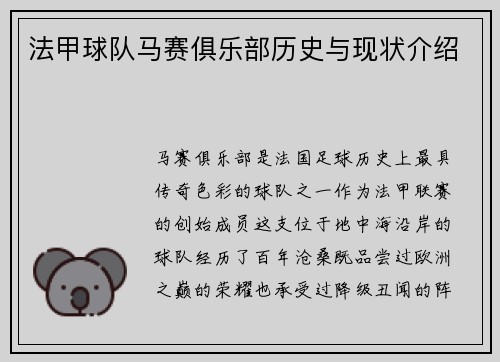 法甲球队马赛俱乐部历史与现状介绍